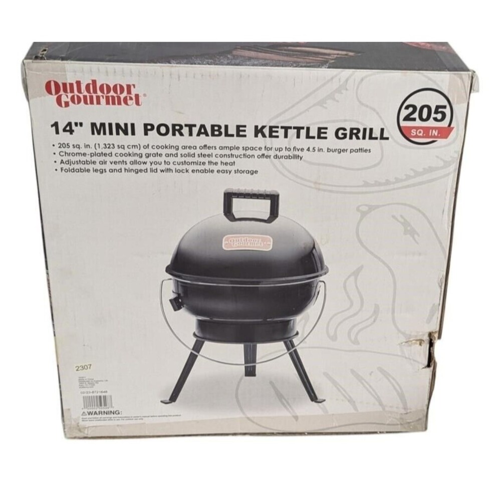 Outdoor Gourmet 14 in Charcoal Kettle Grill Black NIB Outdoors Summer BBQ Camp